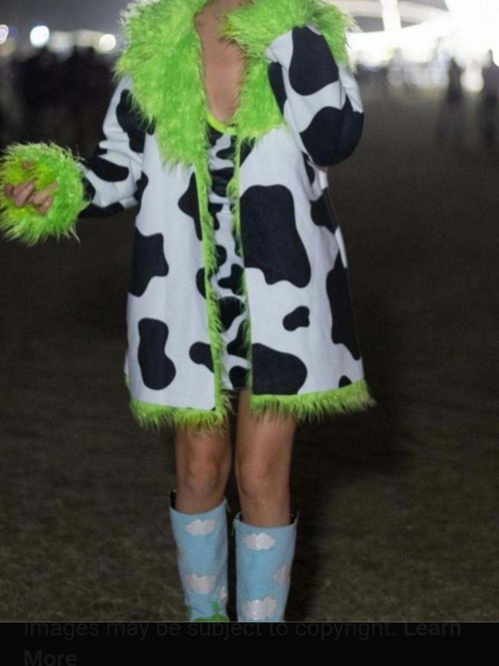 Dolls Kill  Cow Print Coat with Neon Green Fur Teletubbie Edition✨🆕🍓🩷